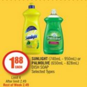 Sunlight Or Palmolive Dish Soap - $1.88