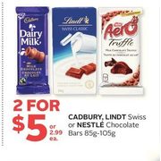 Cadbury Lindt Swiss or Nestle Chocolate Bars  - 2/$5.00