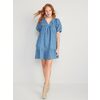 Puff-Sleeve Tie-Neck Chambray All-Day Mini Swing Dress For Women - $33.00 ($21.99 Off)